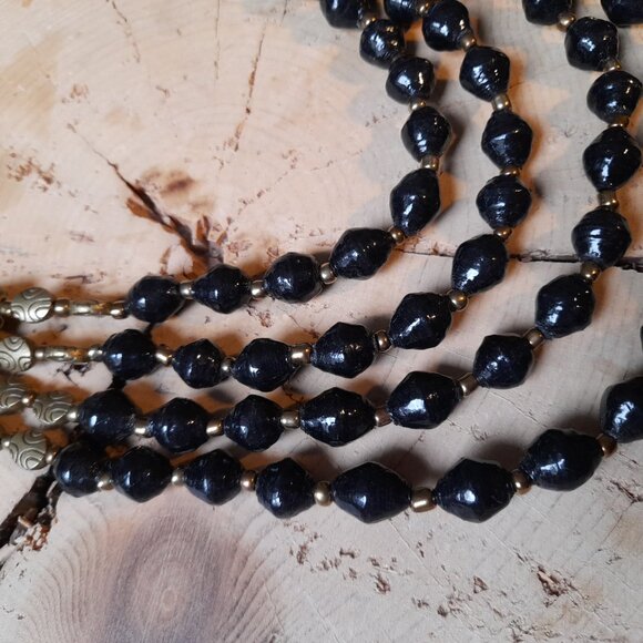 Brass Tone and Black Bib Necklace Rolled Paper Beads Ethnic Boho Tribal - Picture 7 of 14